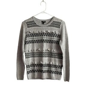 Talbots Sweater Women Sz Sp Gray Black Fair Isle Ruffle Lambswool Pretty Career
